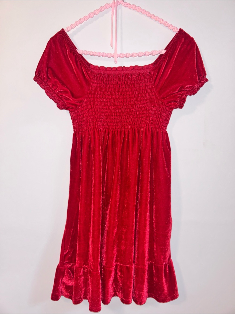 Vintage Style Red Velvet Smocked Puff Sleeve Babydoll Mini Dress